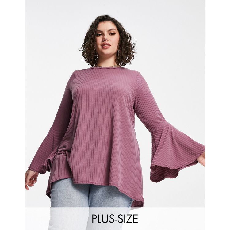 Yours ribbed flare sleeve top in mauve | ASOS