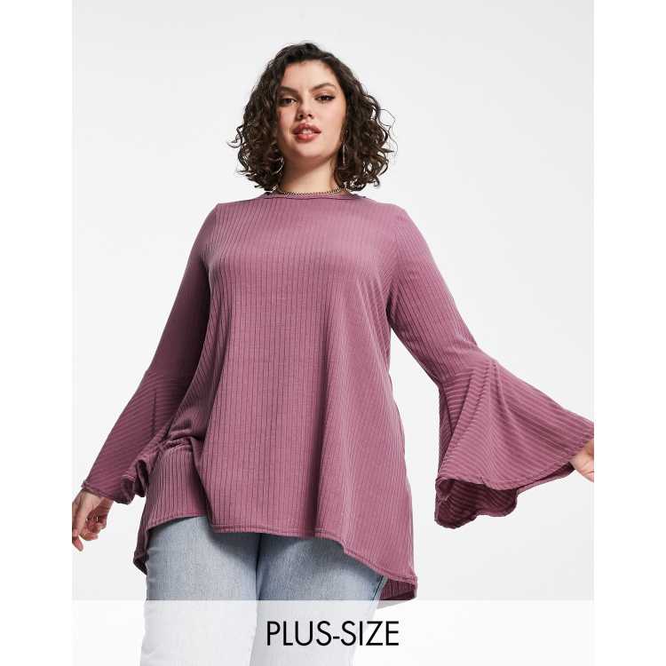 Yours ribbed flare sleeve top in mauve