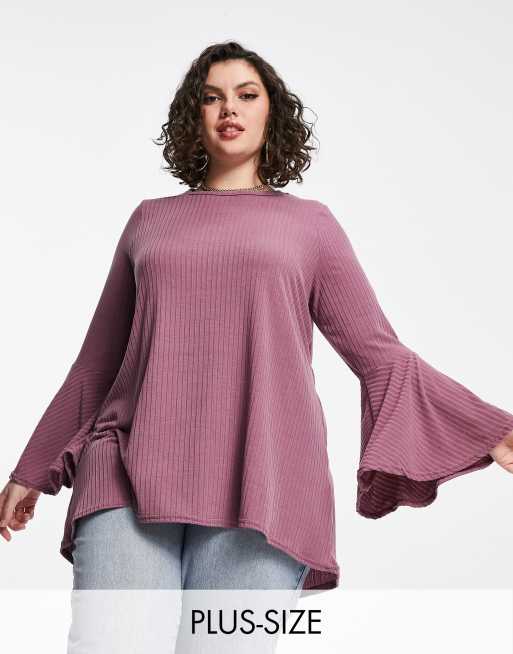 Yours ribbed flare sleeve top in mauve