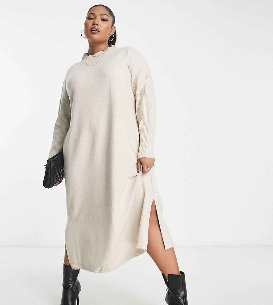 Yours ribbed long sleeve knitted dress in stone-Neutral