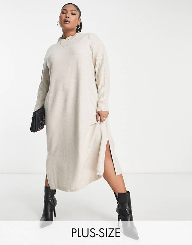 Yours - ribbed long sleeve knitted dress in stone