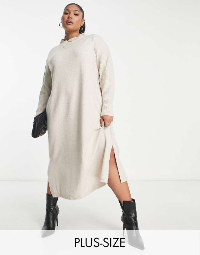 Yours ribbed long sleeve knitted dress in stone