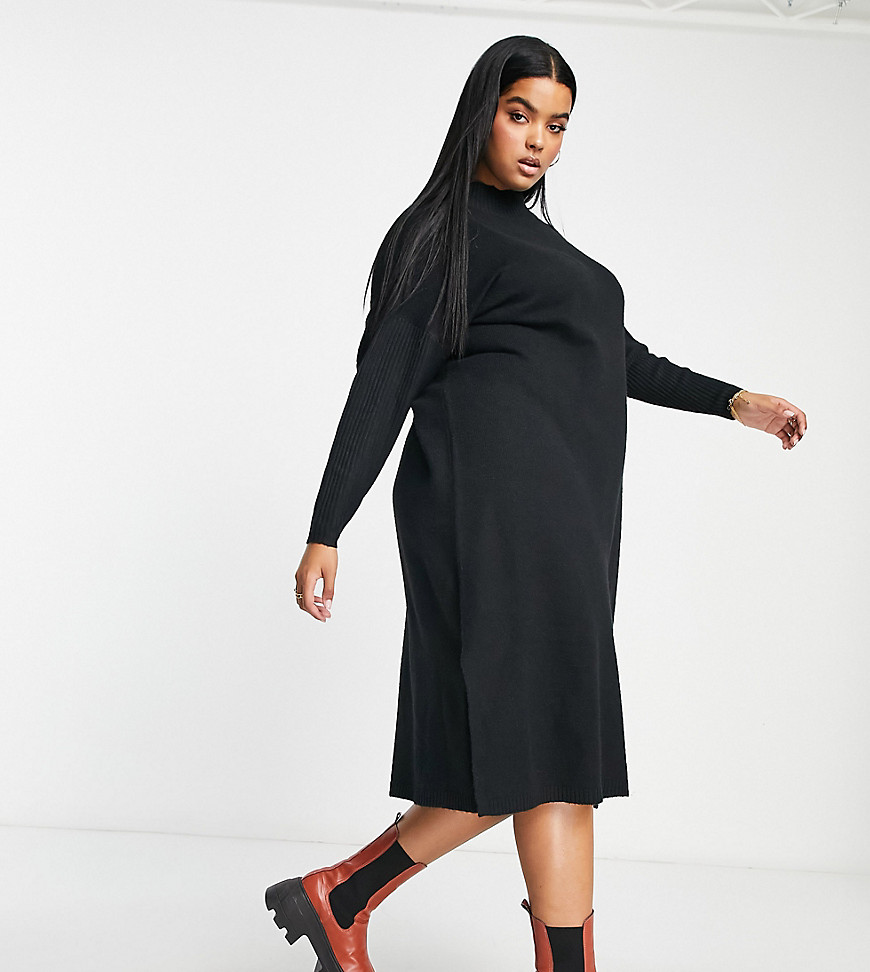 Yours ribbed long sleeve knitted midi dress with side split in black