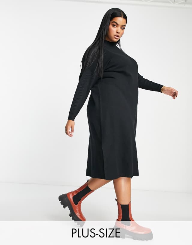 Yours ribbed long sleeve knitted midi dress with side split in black