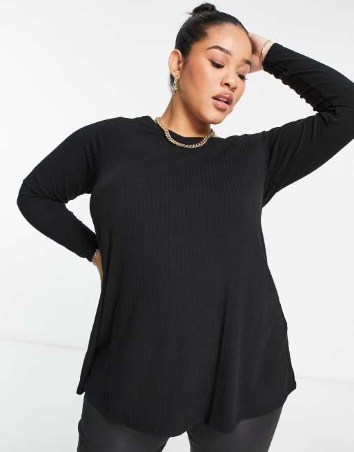 Black Rib Crew Neck Long Sleeve Top, Tops