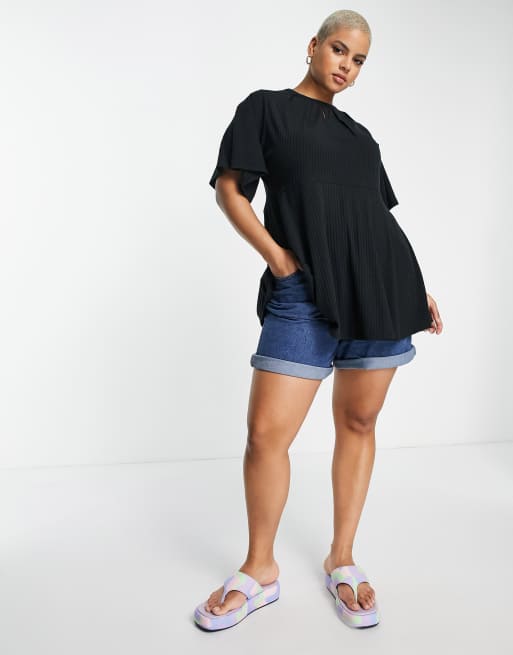 Yours ribbed peplum top with keyhole detail in black