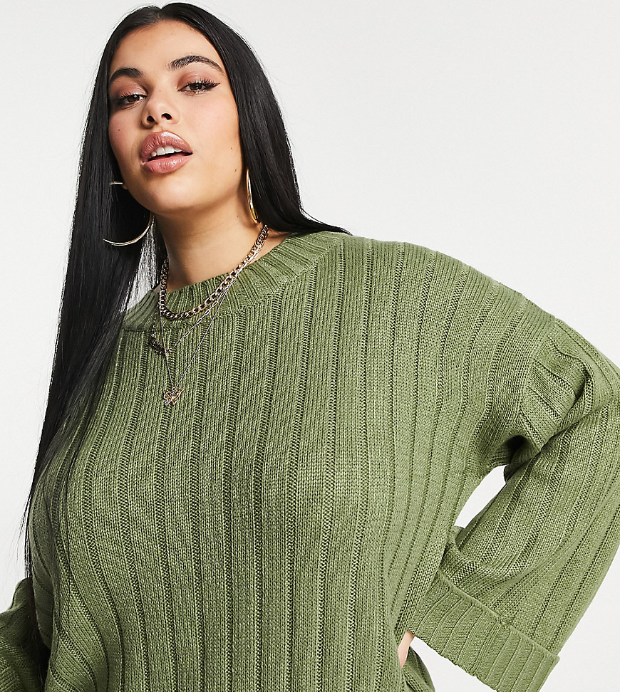 Yours ribbed sleeve sweater in khaki-Green