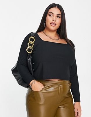 Yours Ribbed Square Neck Crop Top In Black