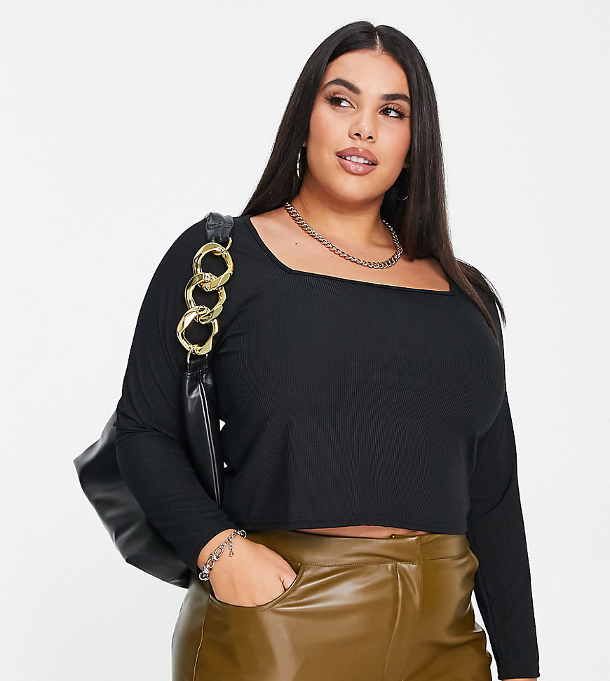 Yours ribbed square neck crop top in black