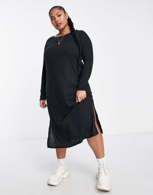 Slit Ribbed Midi T-Shirt Dress