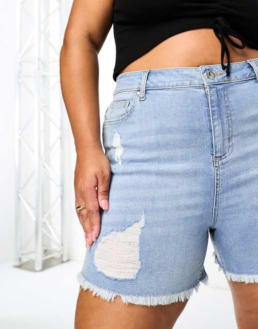 Shape Light Blue High Waist Frayed Denim Shorts