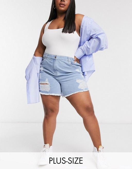 Yours ripped denim shorts in light blue wash