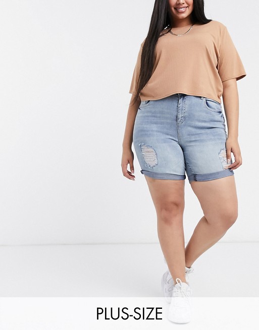 Yours ripped longline denim shorts in light auth blue