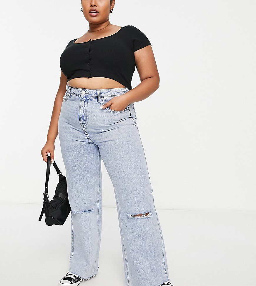 Plus-size jeans by Yours It%27s all in the jeans High rise Belt loops Five pockets Ripped knees Raw-cut hem Wide leg