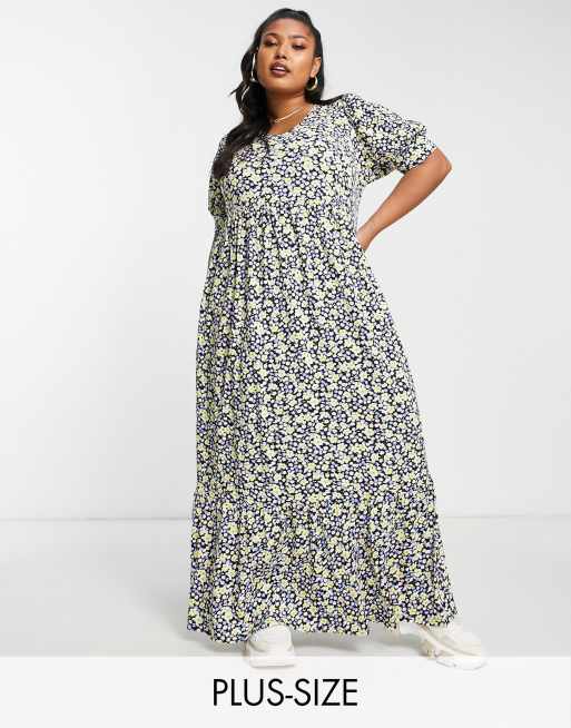 Yours - Robe mi-longue à col en V - Bleu fleuri