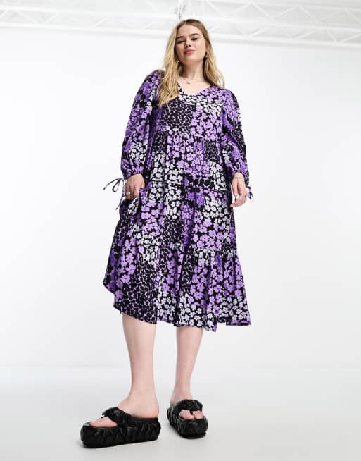 Yours - Robe mi-longue à imprimé fleurs variés et manches nouées