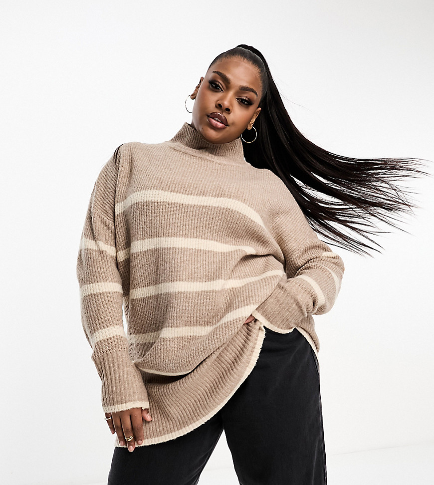 Yours Roll Neck Stripe Sweater In Neutral