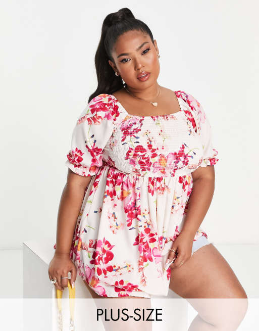 Yours – Rosablommig, smockad peplum-topp med puffärmar