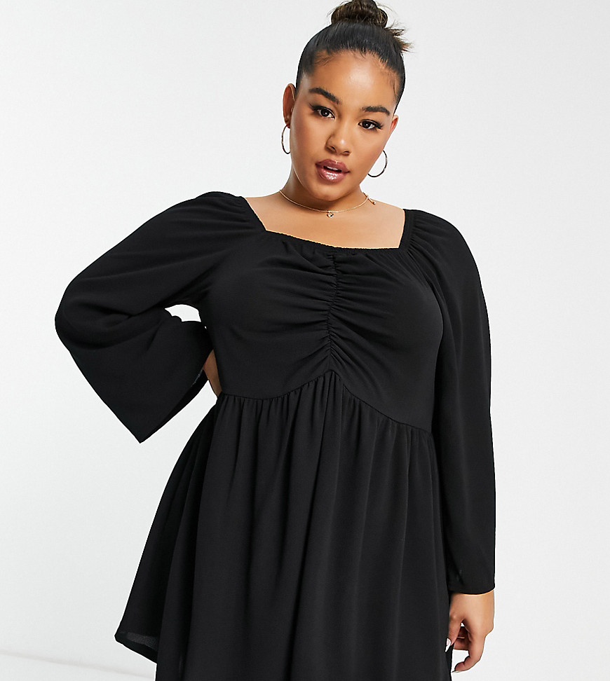 Yours Tiered Midi Dress With Puff Sleeves In Black