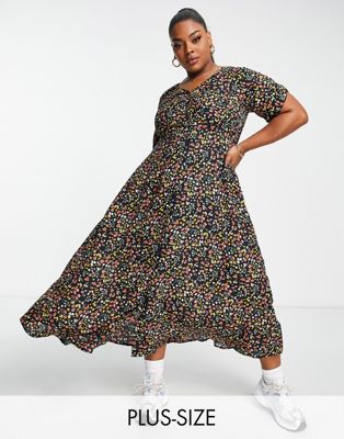 Yours ruched sleeve midi dress in navy ditsy floral