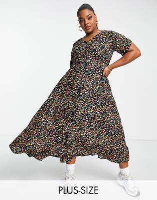 Yours Yours ruched sleeve midi dress in navy ditsy floral