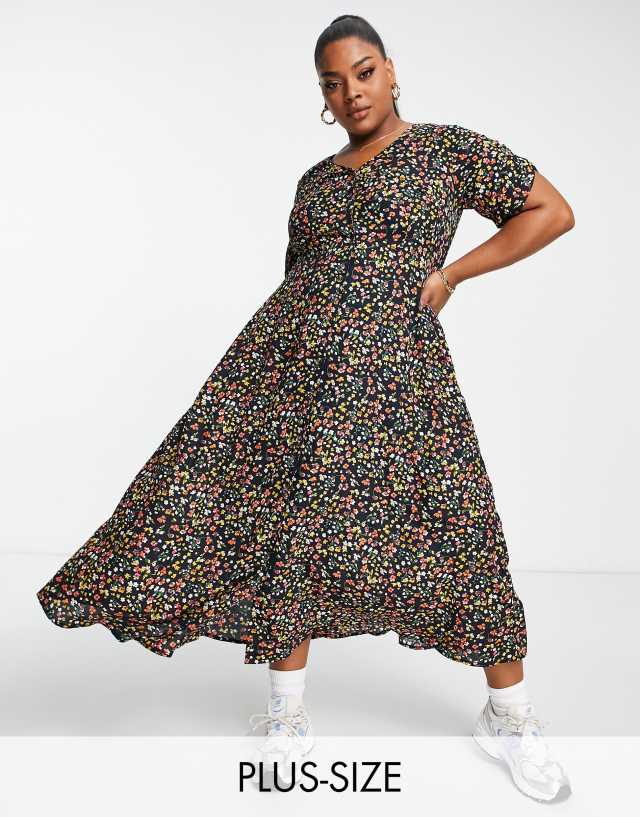 Yours ruched sleeve midi dress in navy ditsy floral