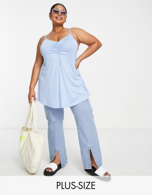 Yours Ruched Swing Cami Top In Light Blue