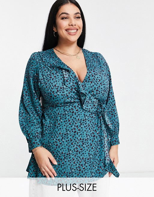 Yours ruffle detail wrap blouse in blue animal print