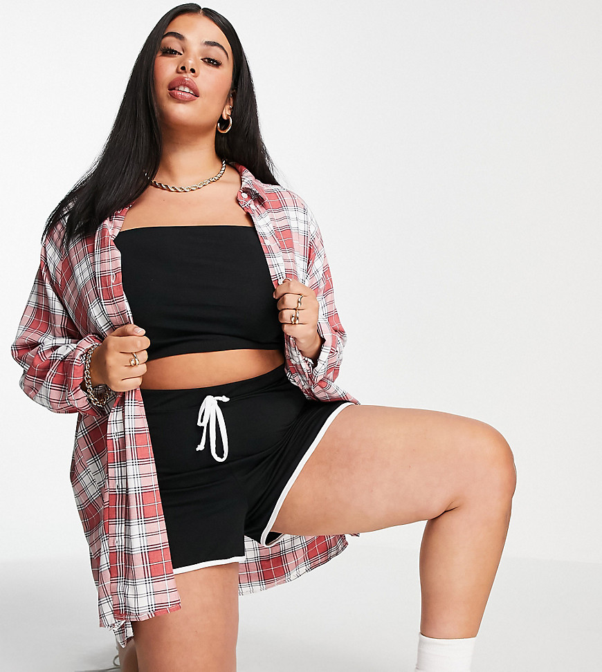 Plus-size shorts by Yours Comfy clothes only Elasticated drawstring waist Contrast piping Curved hem Slim fit