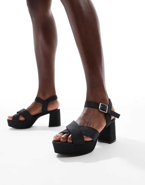 Yours - Sandalen met gekruiste bandjes, blokhak en glitter in zwart - view 1