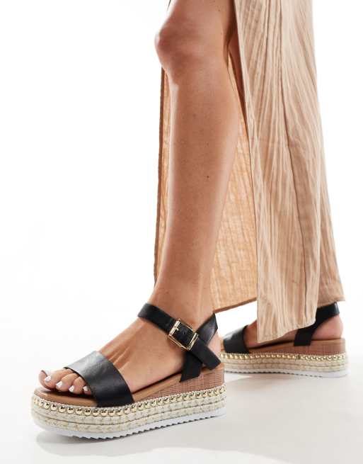 Yours - Sandali con fascette nere e suola spessa colore naturale 