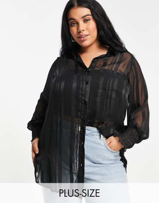 Yours satin shirred cuff shirt in black | ASOS