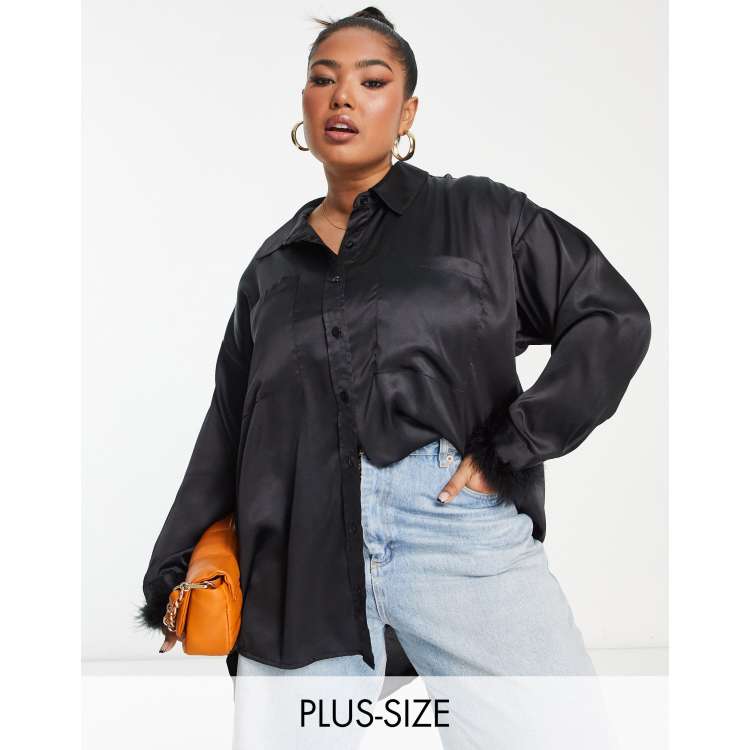 Yours satin shirt with faux fur cuff trim in black | ASOS