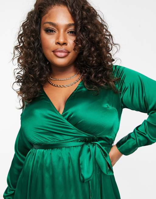 Dark green hotsell satin wrap dress