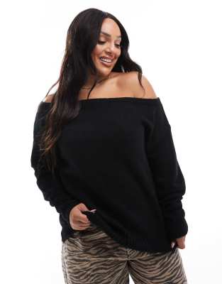 Yours - Schulterfreier Pullover in Schwarz mit Carmen-Ausschnitt