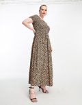 Yours shirred bardot maxi dress in animal print-Multi