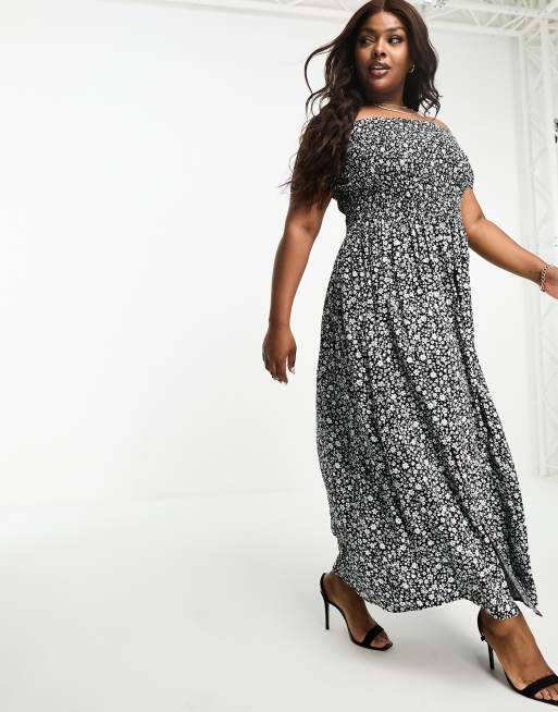 Shirred bardot 2025 maxi dress