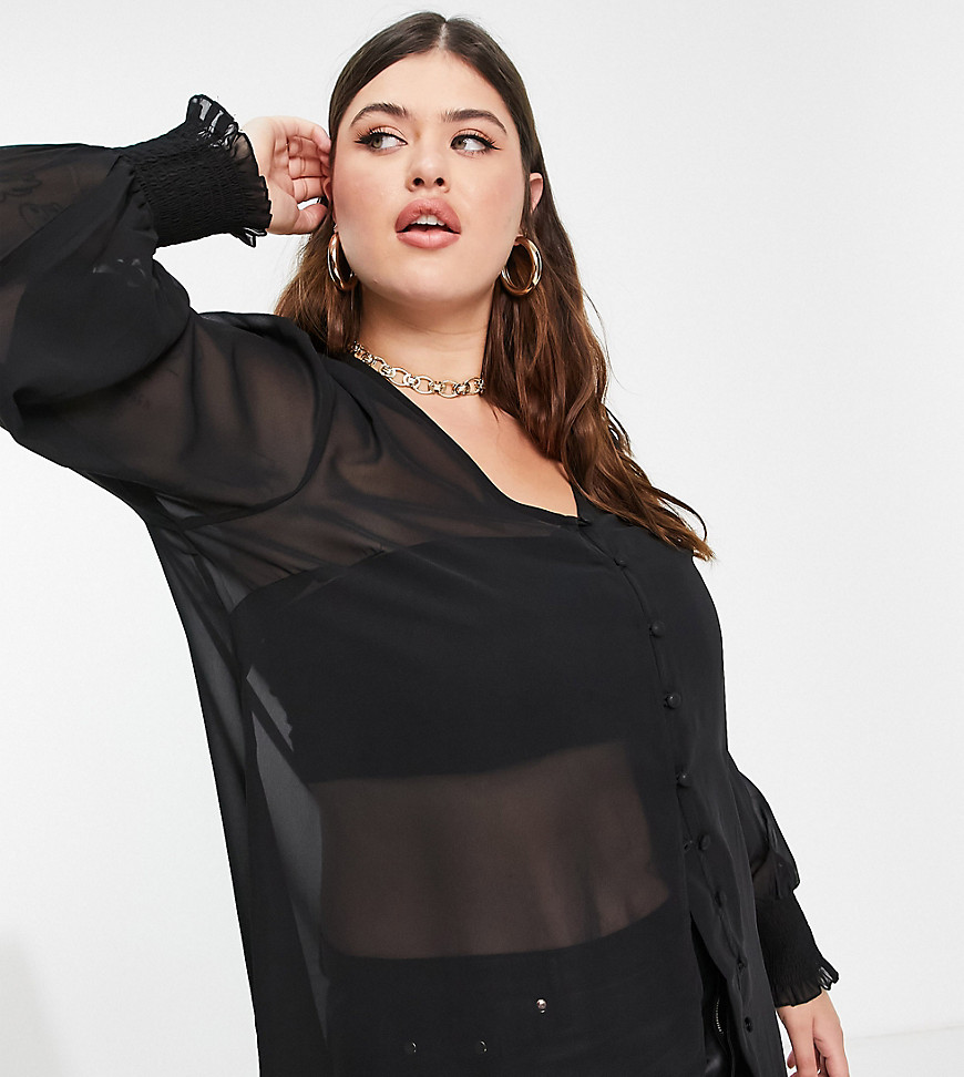 Yours shirred cuffed blouse in black