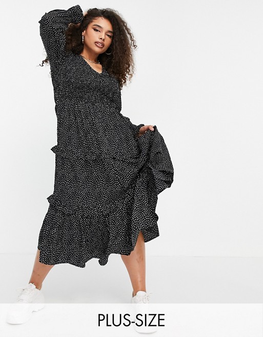 Yours shirred detail midi dress in monochrome spot