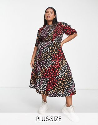 Yours shirred frill sleeve midi dress in black floral