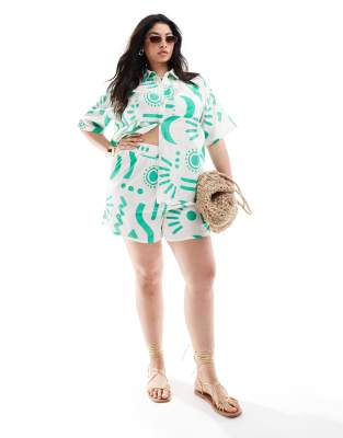 Yours shirred linen look shorts in green print co-ord-Multi