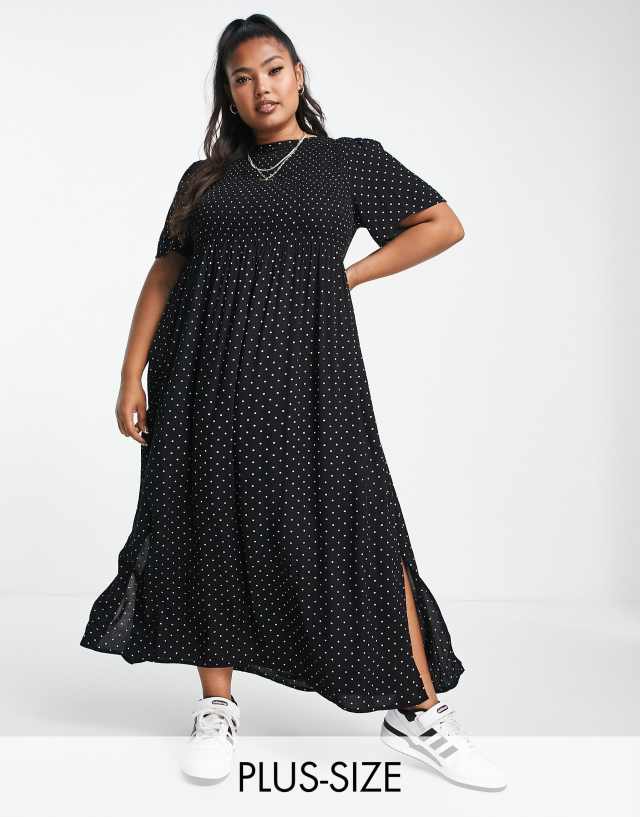 Yours shirred midi dress with side split in black polka dot