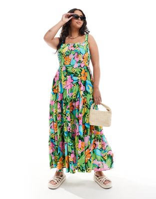 shirred strappy maxi dress in tropical print-Multi