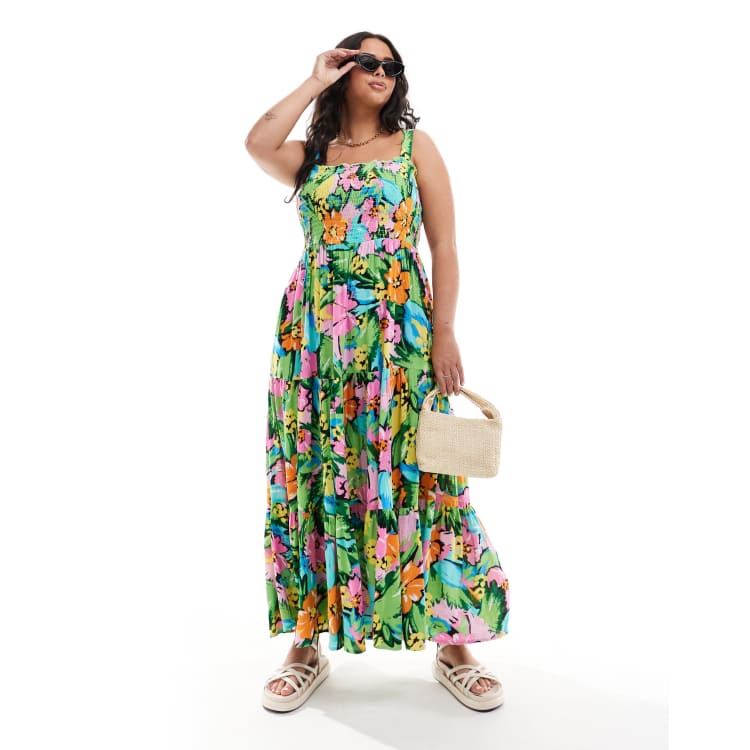 Yours shirred strappy maxi dress in tropical print