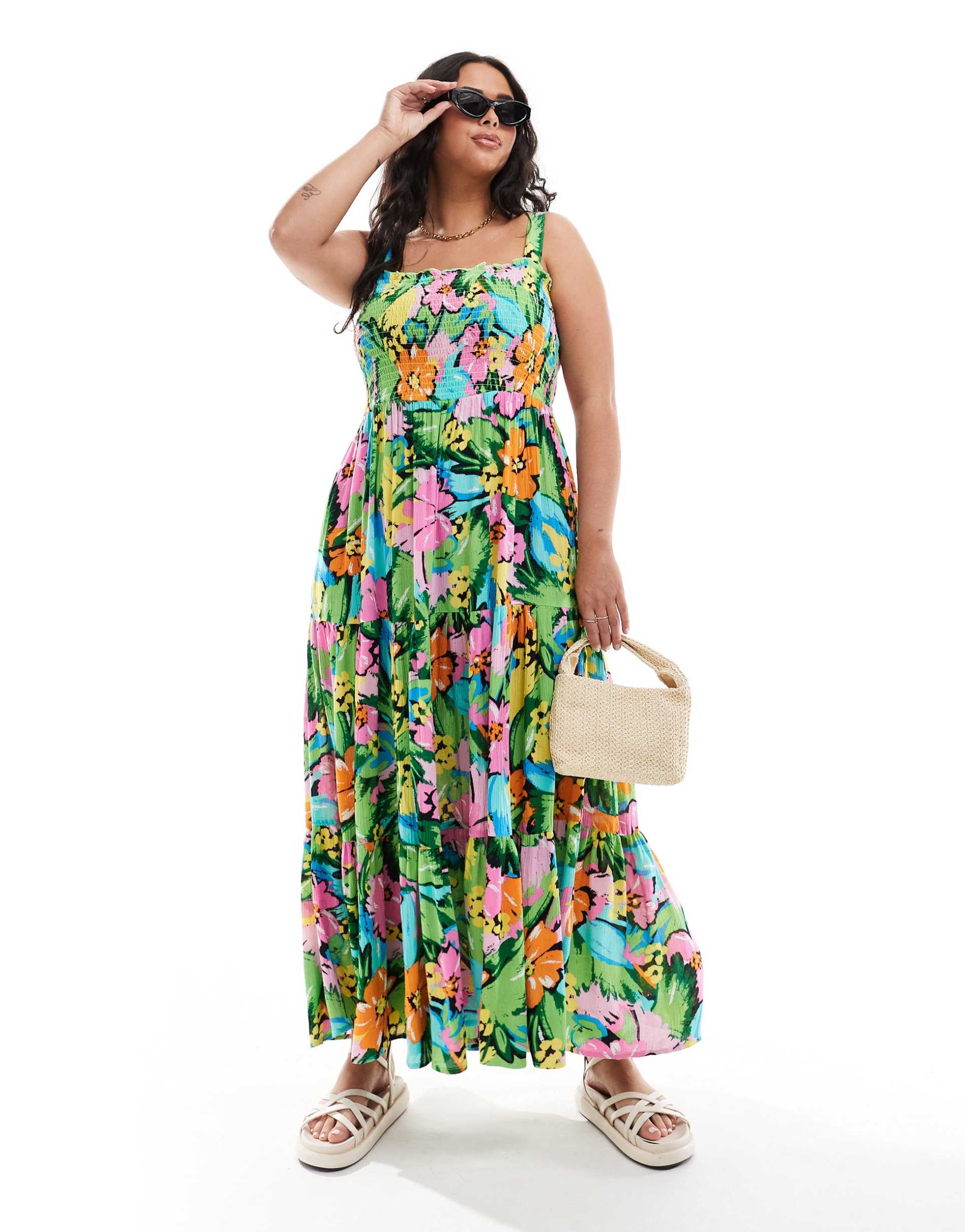 yours shirred strappy maxi dress in tropical print