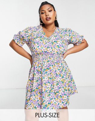 Yours shirred waist peplum dress in pink floral | ASOS