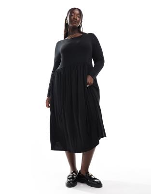 Yours short sleeve pocket smock midi dress in black