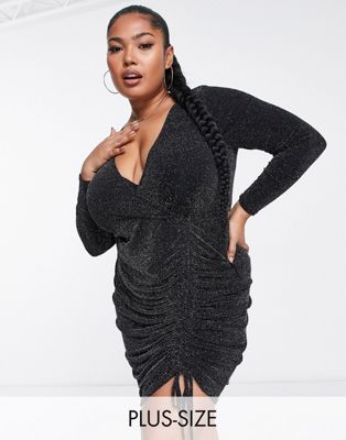 Yours side ruched wrap dress in black glitter