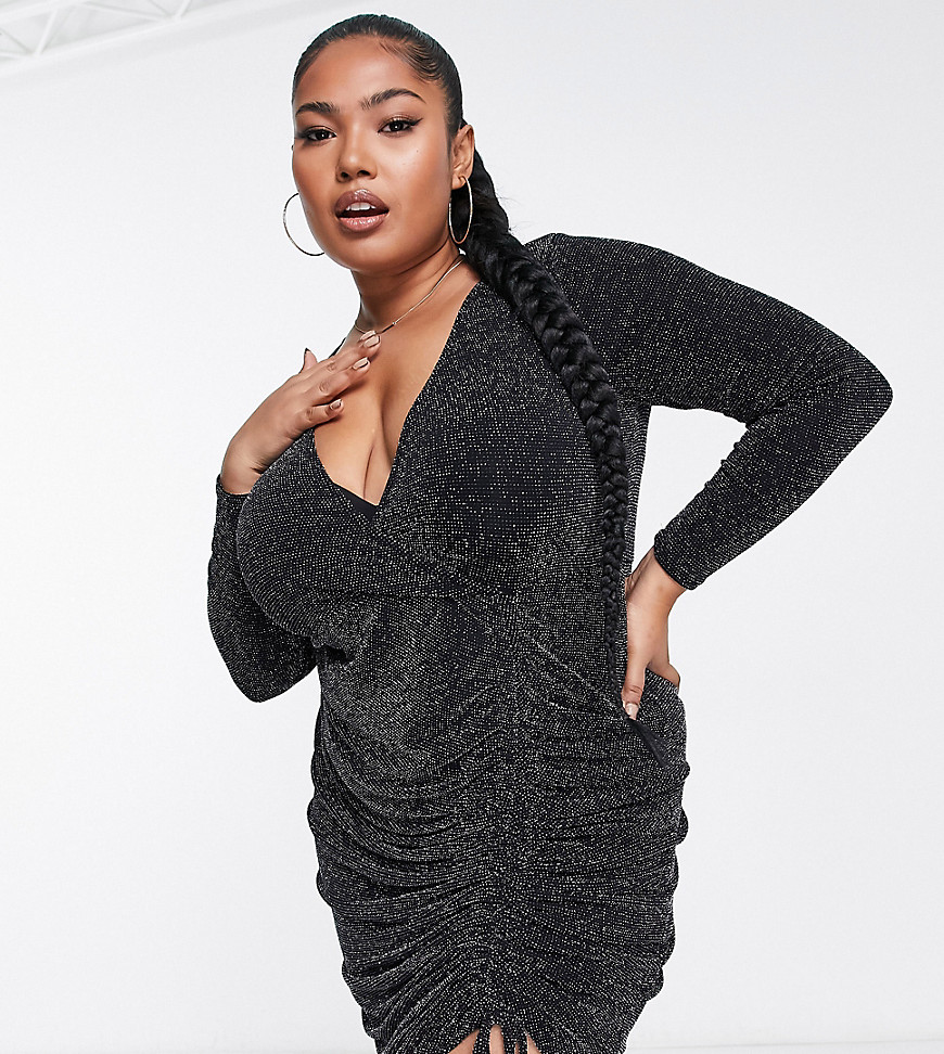 Yours side ruched wrap dress in black glitter-Silver