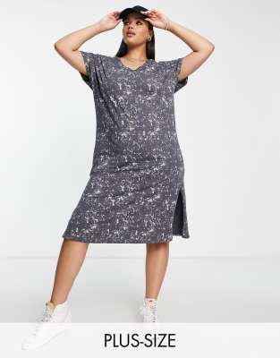 Yours Side Split Acid Wash T-shirt Midi Dress In Grey